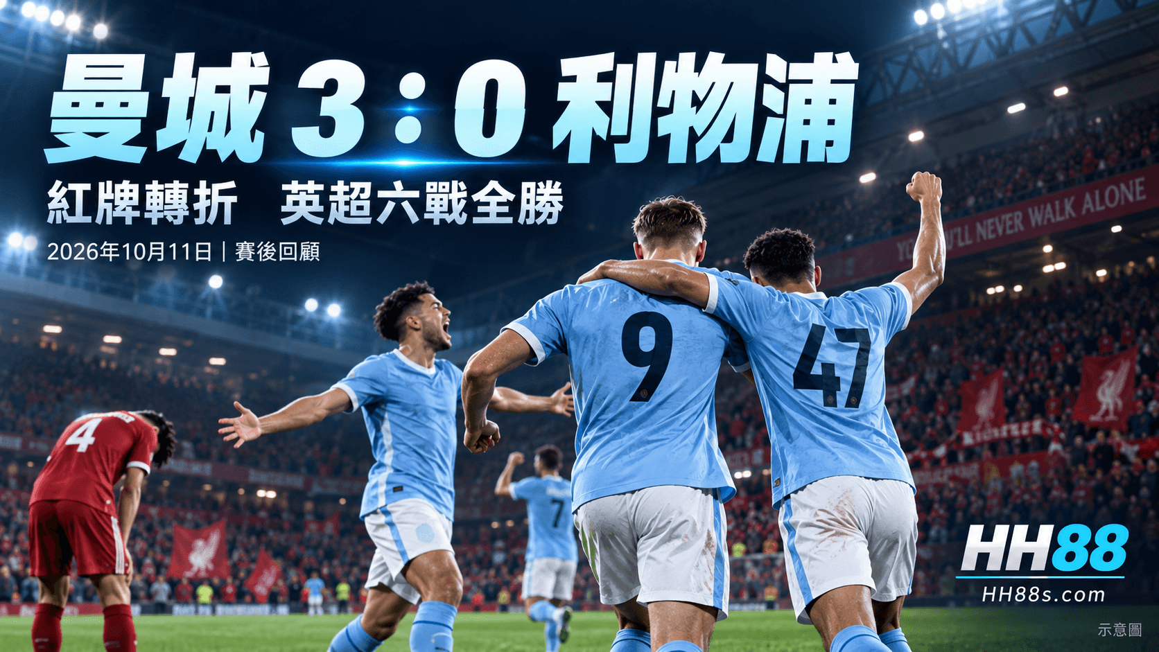 曼城3:0利物浦|紅牌後連入三球 英超六戰全勝封面圖